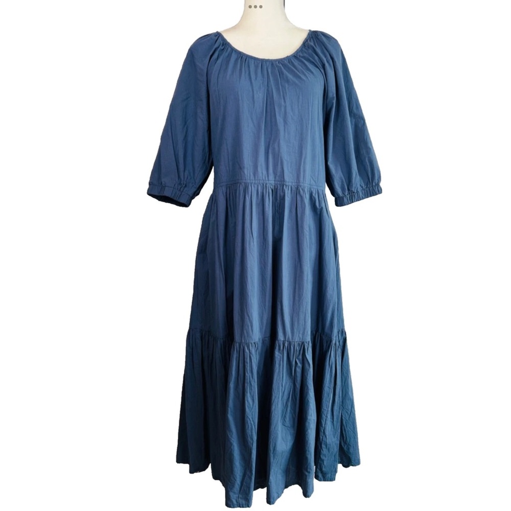 Tiered Ruffle Maxi Dress Ballon Sleeve Navy Blue Boho Peasant Lagenlook Pinch M